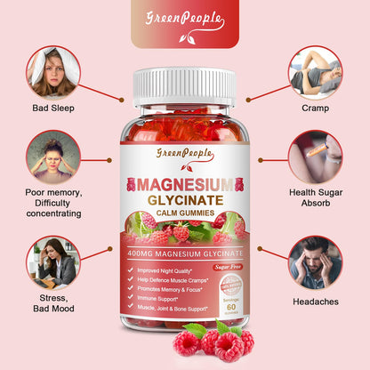 GREENPEOPLE Magnesium Glycinate Gummies 400mg — Sugar Free Raspberry Flavor, Vitamin D & B6 for Calm Support