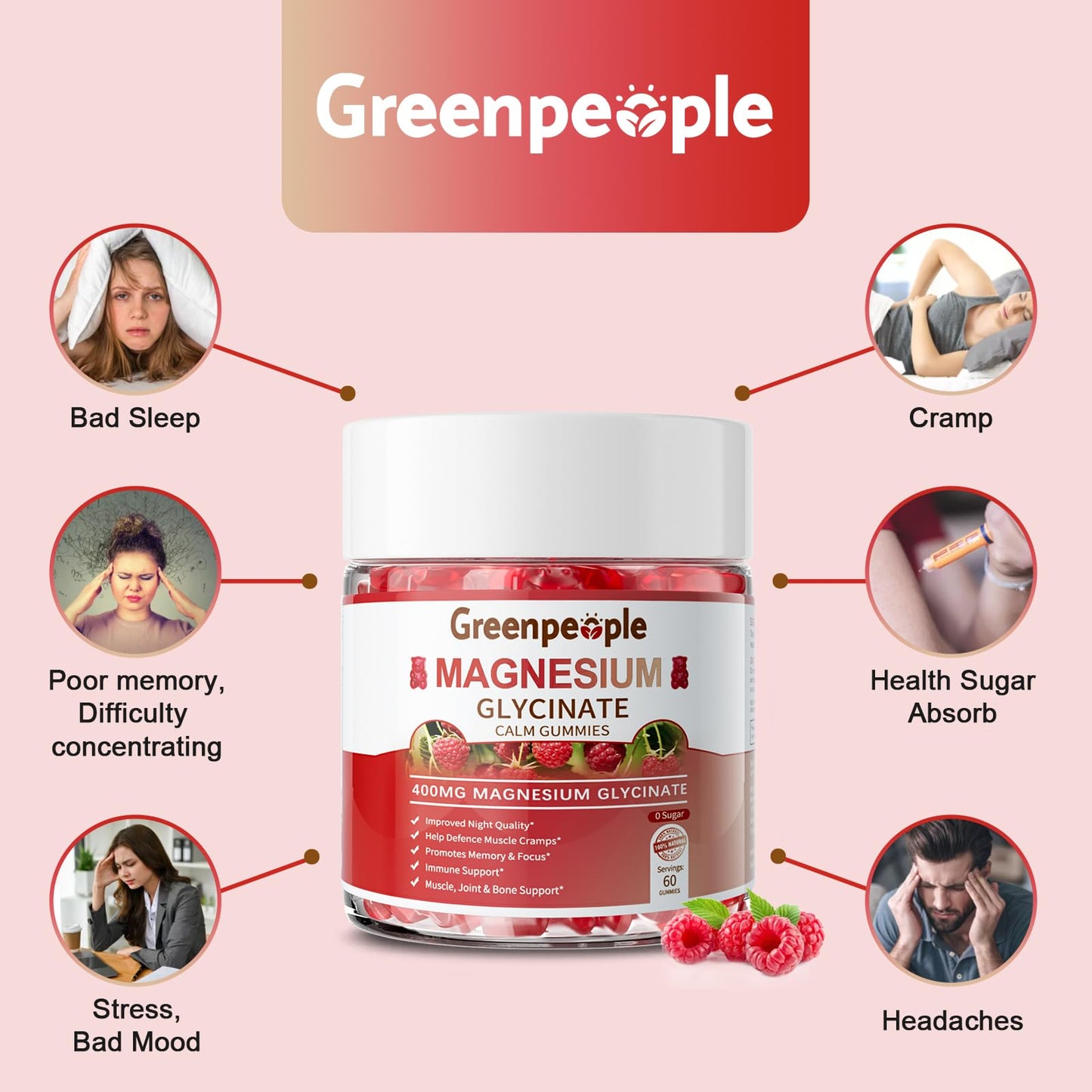 GREENPEOPLE Magnesium Glycinate Gummies 400mg — Sugar Free Raspberry Flavor, Vitamin D & B6 for Calm Support
