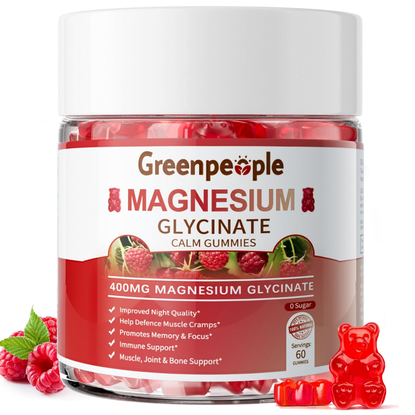 GREENPEOPLE Magnesium Glycinate Gummies 400mg — Sugar Free Raspberry Flavor, Vitamin D & B6 for Calm Support