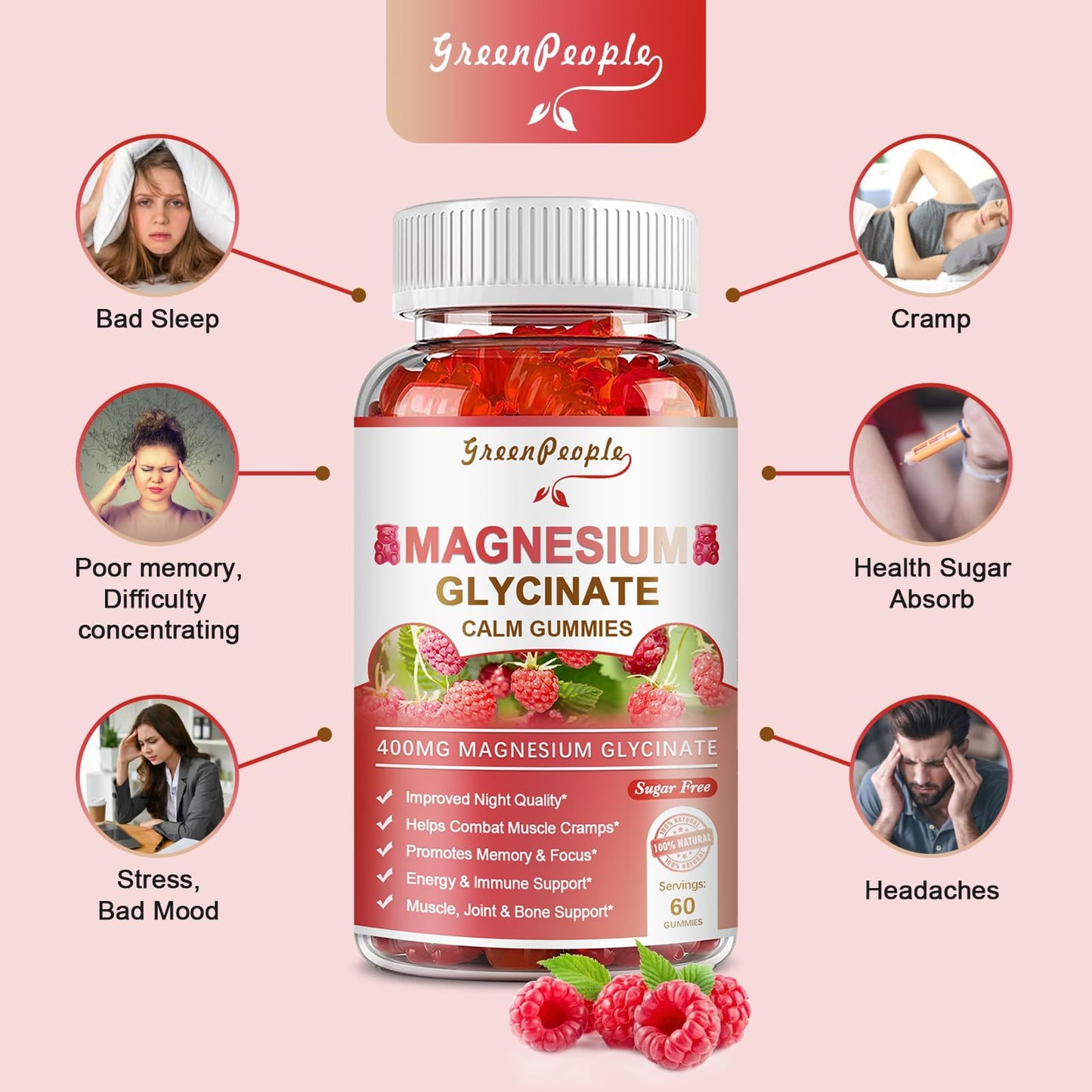 GREENPEOPLE Magnesium Glycinate Gummies Raspberry – 400mg, Sugar Free