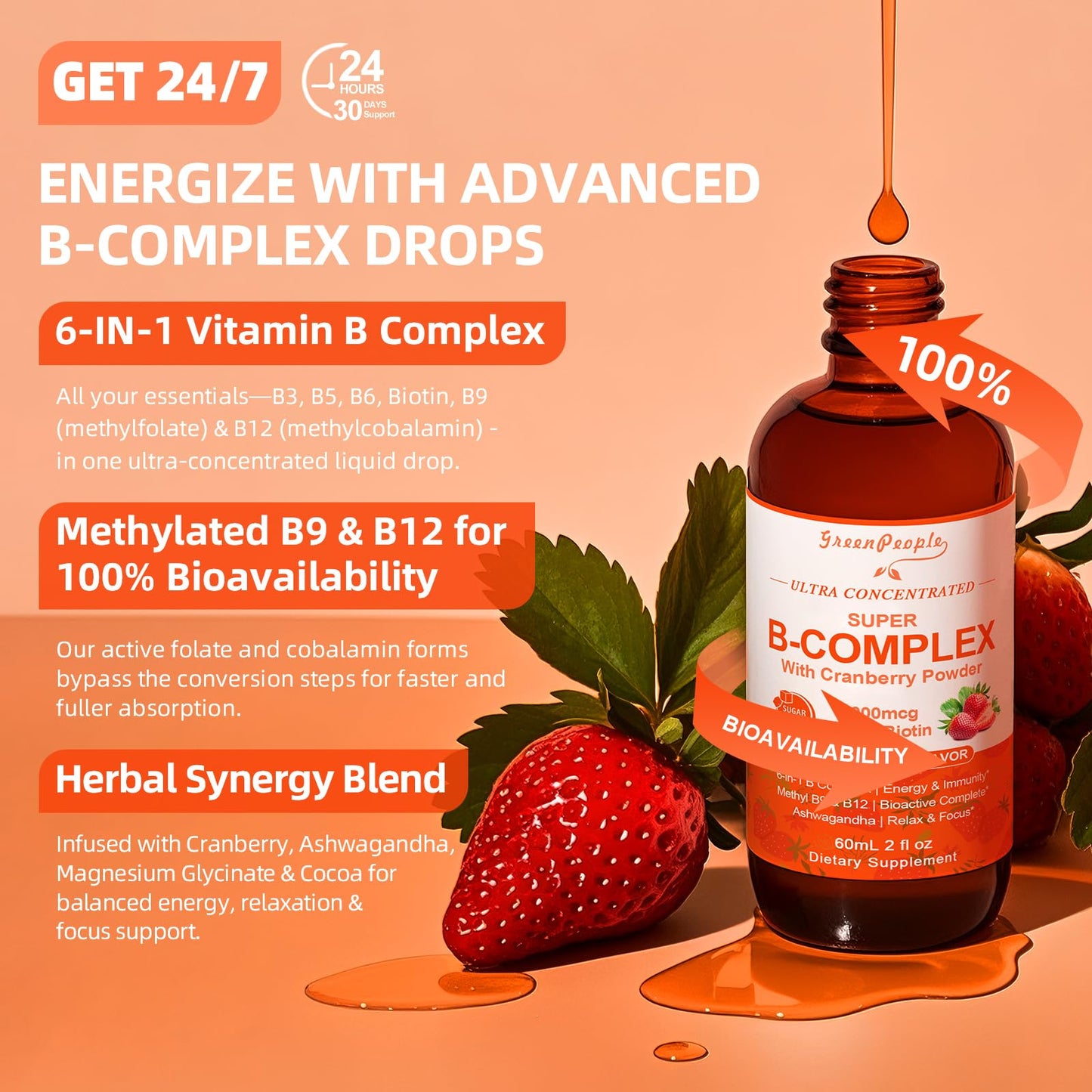 GREENPEOPLE Methylated B Complex – 6-in-1 Vegan B Vitamins with Mg, Ashwagandha & L-Theanine | Energy, Immunity & Focus | 2-Pack (2 fl oz each)