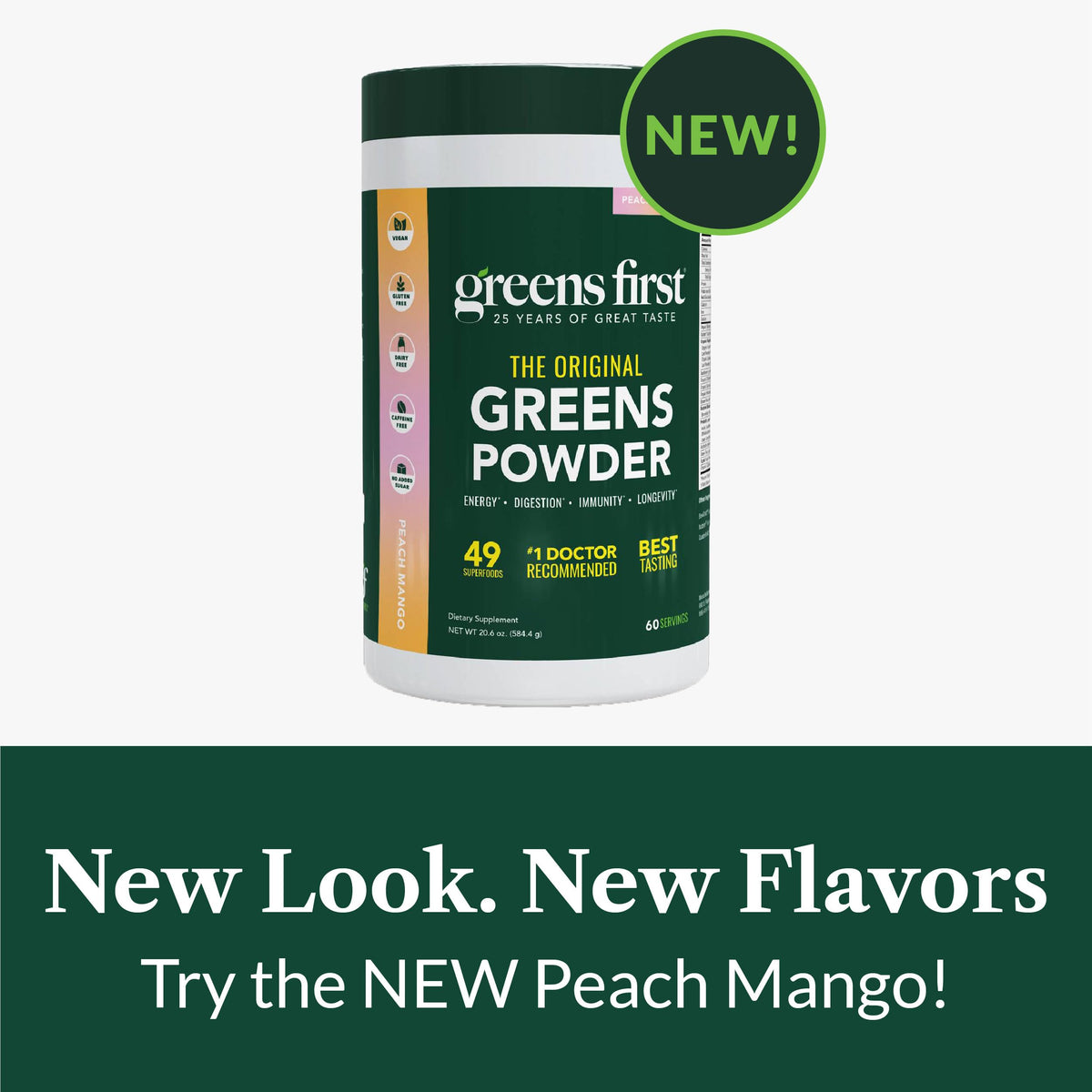Greens First Original Greens Powder – 49 Superfoods, Peach Mango, 60 Servings