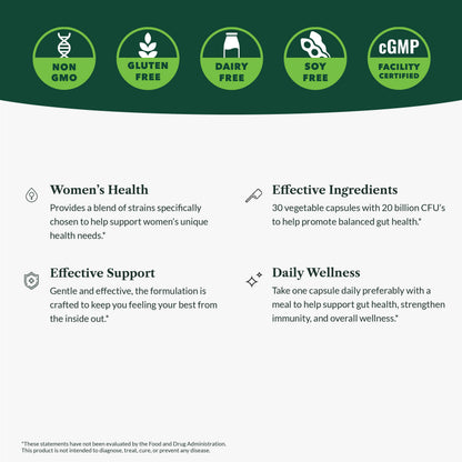 Greens First Women's Health Probiotics - 20B CFU for Digestive, Immune & Vaginal Health