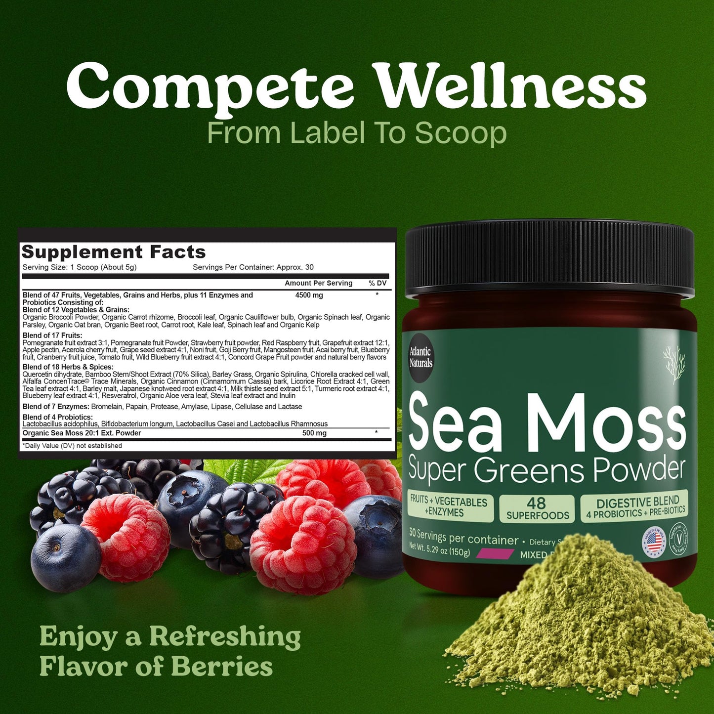 Atlantic Naturals Sea Moss Super Greens Powder – Mixed Berry (12 Veg, 15 Fruits, Probiotics, 16 Herbs)