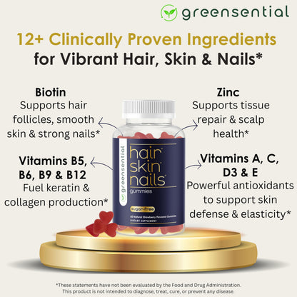 Greensential Sugar-Free Hair Skin Nails Gummies | 5,000 mcg Biotin | Vegetarian & Non-GMO | Made in USA