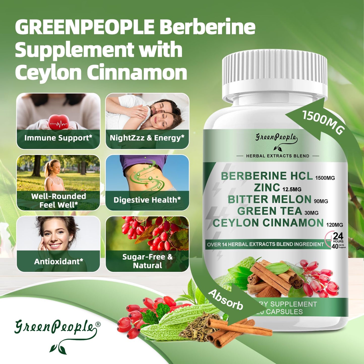 GREENPEOPLE Berberine 1500mg with Ceylon Cinnamon – AMPK & GLP-1 Activation