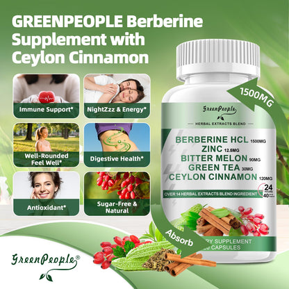 GREENPEOPLE Berberine 1500mg with Ceylon Cinnamon – AMPK & GLP-1 Activation