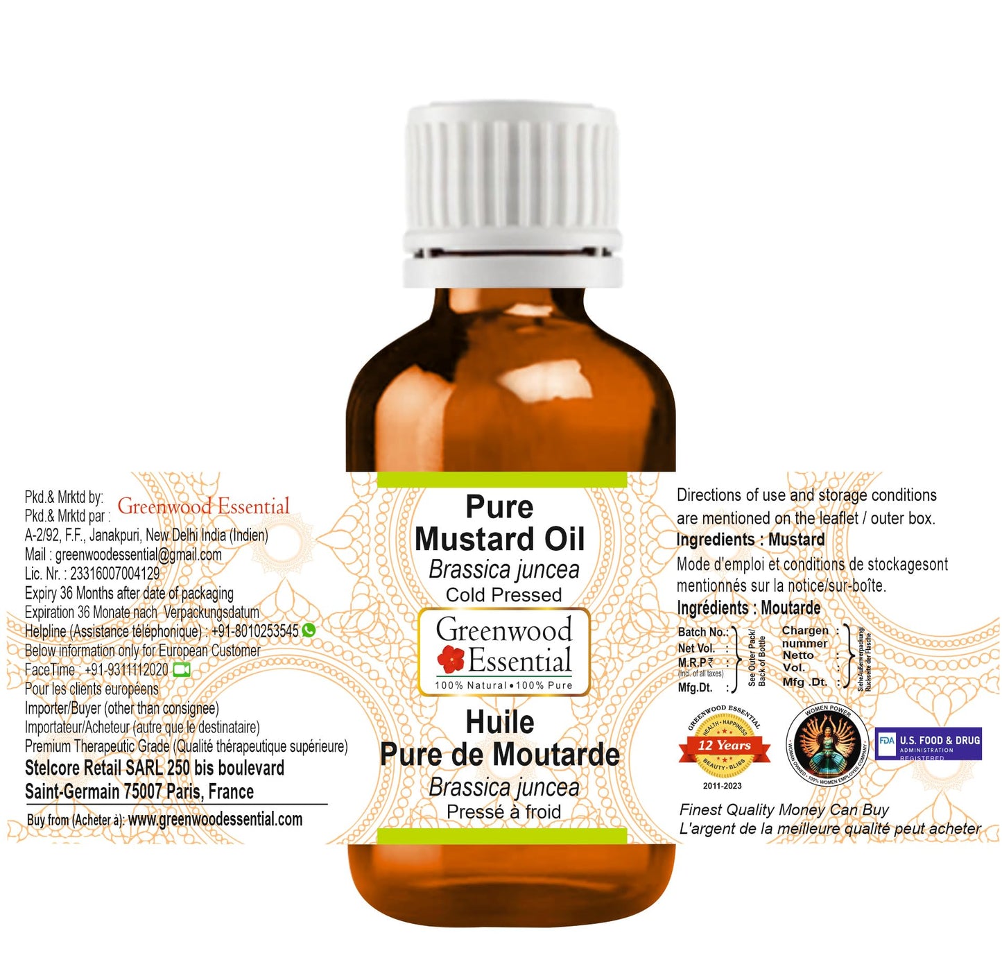 Greenwood Essential Mustard Oil (Brassica juncea) | Cold Pressed | Natural | Undiluted | For Diluting Essential Oils | For Skin & Massage | Men & Women | 5ml (0.16 oz)