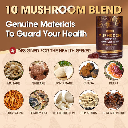 Grevol Mushroom Gummies with Lion's Mane – 60 Counts | 10-Mushroom Complex