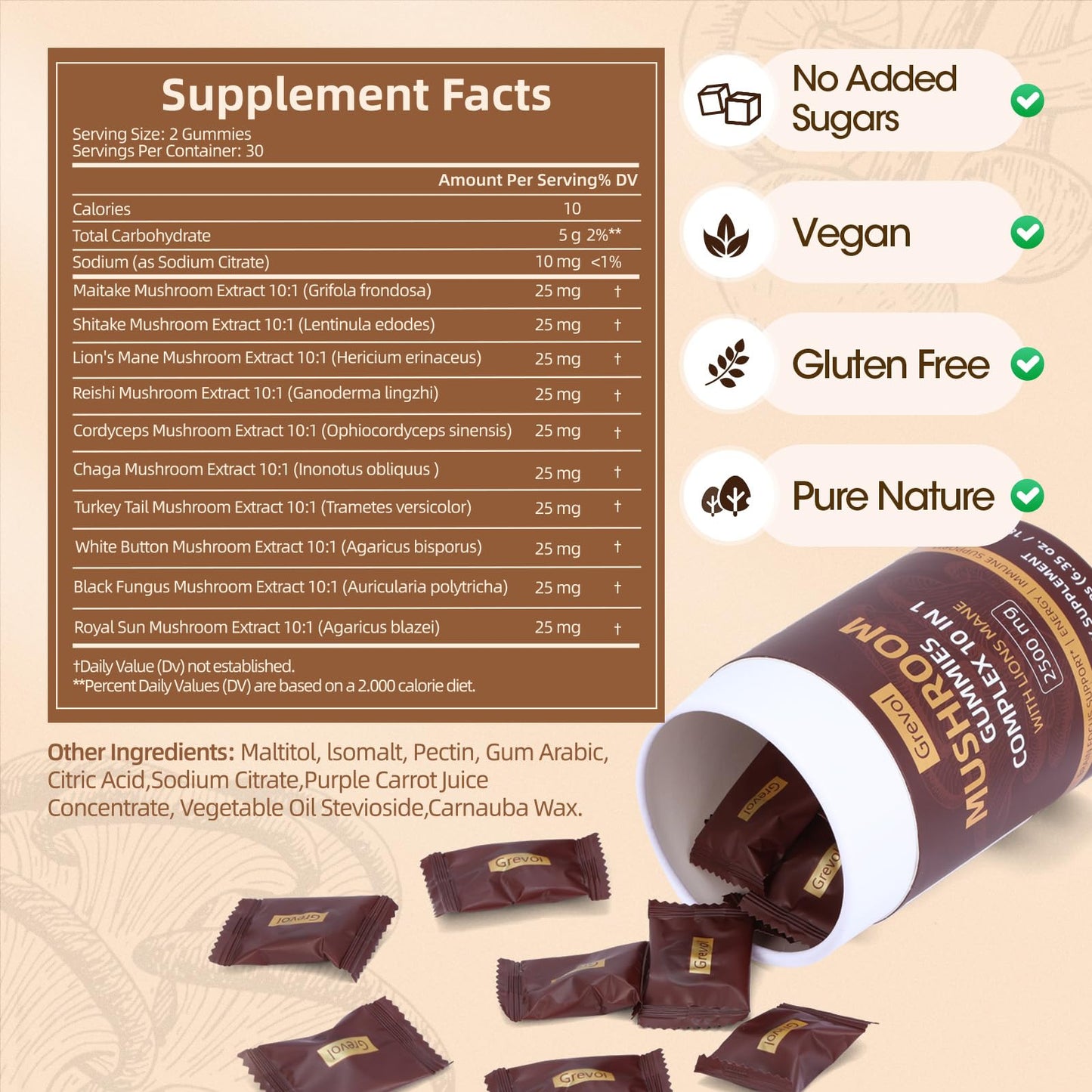 Grevol Mushroom Gummies with Lion's Mane – 60 Counts | 10-Mushroom Complex