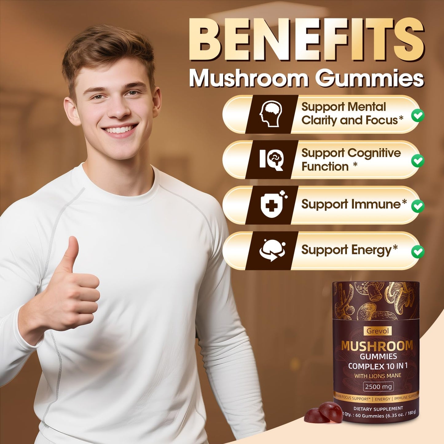 Grevol Mushroom Gummies with Lion's Mane – 60 Counts | 10-Mushroom Complex