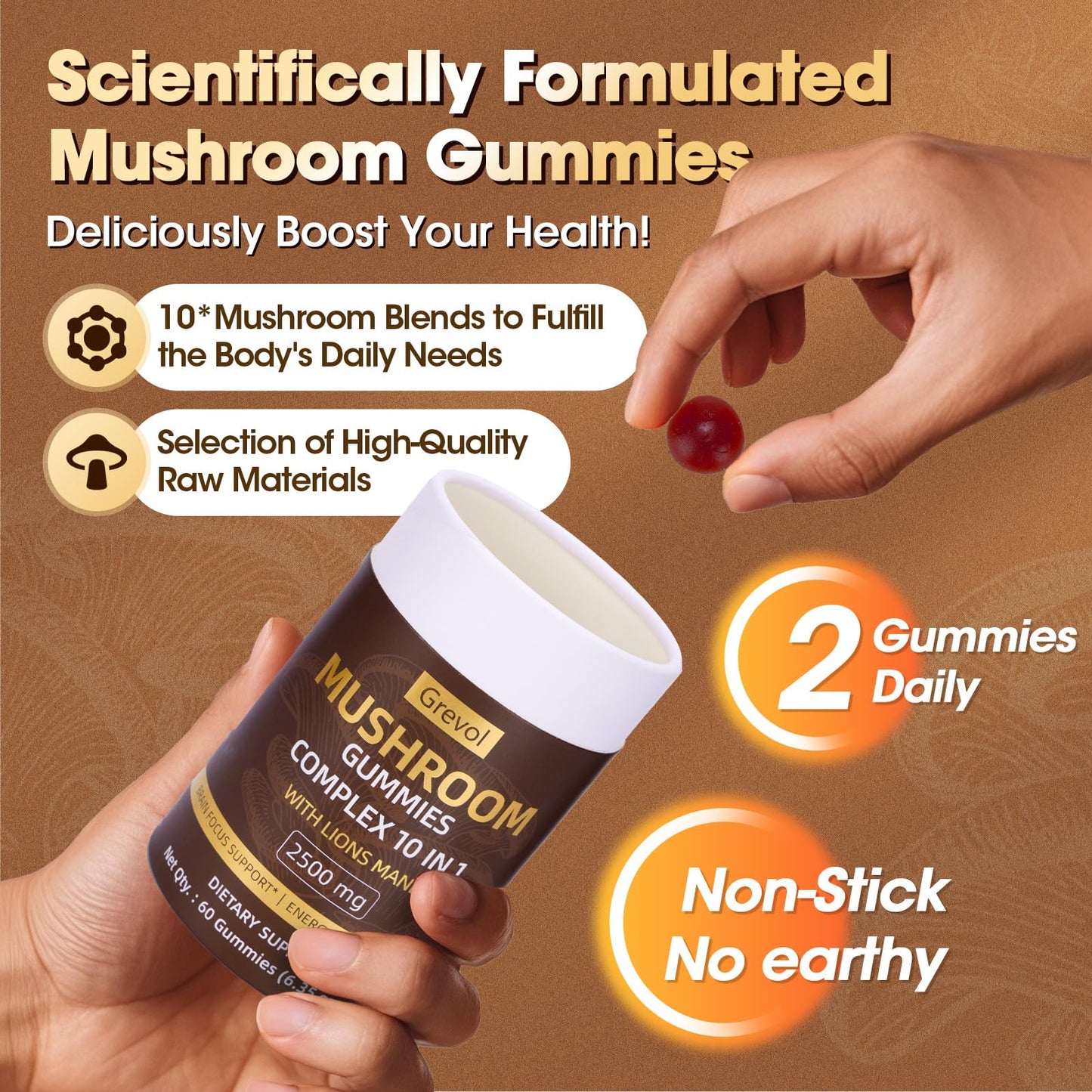 Grevol Mushroom Gummies with Lion's Mane – 60 Counts | 10-Mushroom Complex
