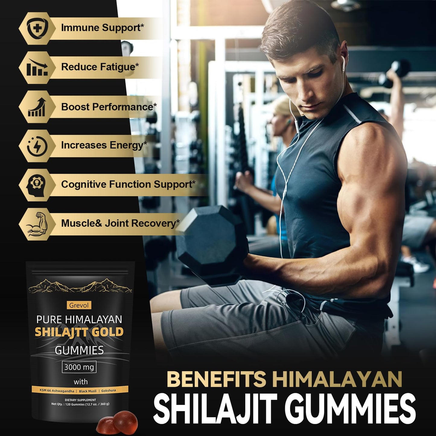 Grevol Himalayan Shilajit Gummies with Ashwagandha & Fulvic Acid – 120 Gummies