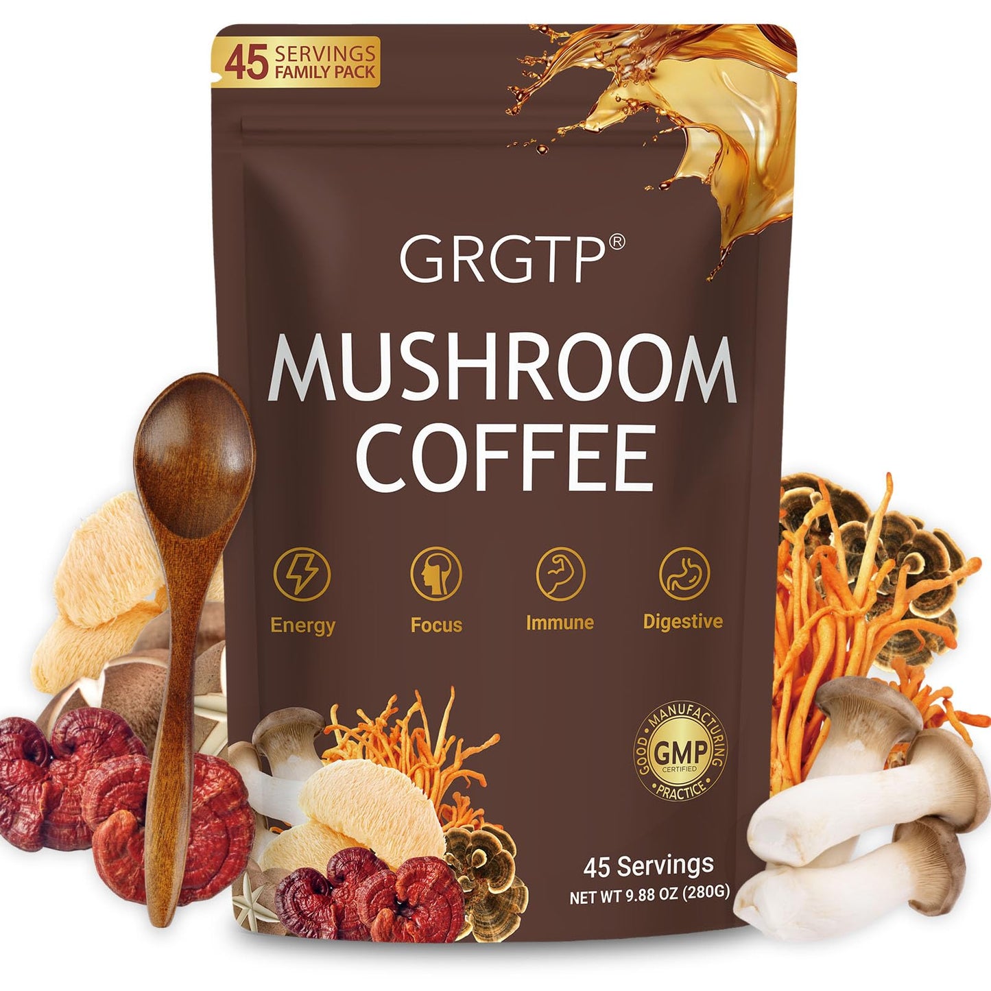 GRGTP Mushroom Coffee - 6 Adaptogens, Jitter-Free Energy, 45 Servings