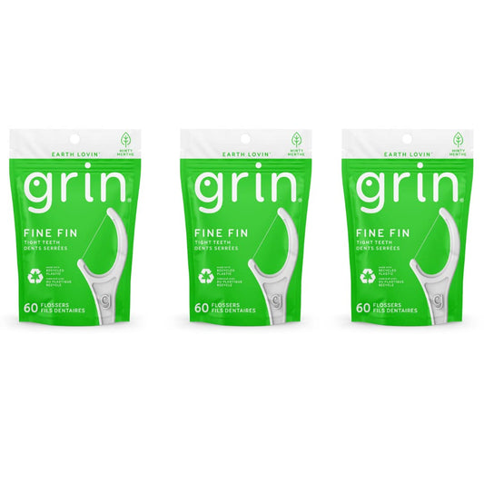 GRIN Dental Floss – 3 Packs of 60 (Fine Fin) for Tight Teeth | Minty Fresh