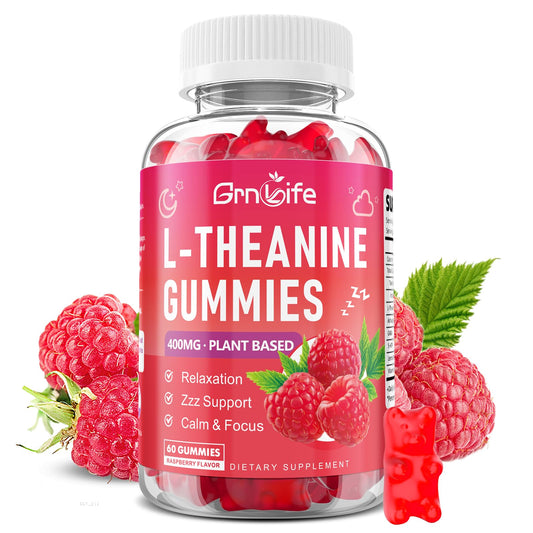 GrnLife L-Theanine Gummies – 400mg with GABA, Ashwagandha, 5HTP, Raspberry, 60 Count