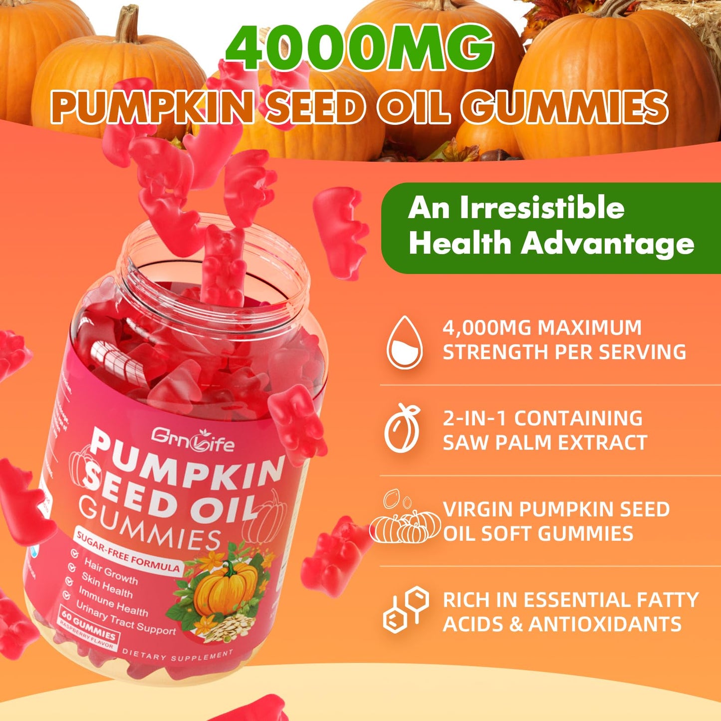 GrnLife Pumpkin Seed Oil Gummies with Saw Palmetto – Hair Growth & Skin Health (60 Count)