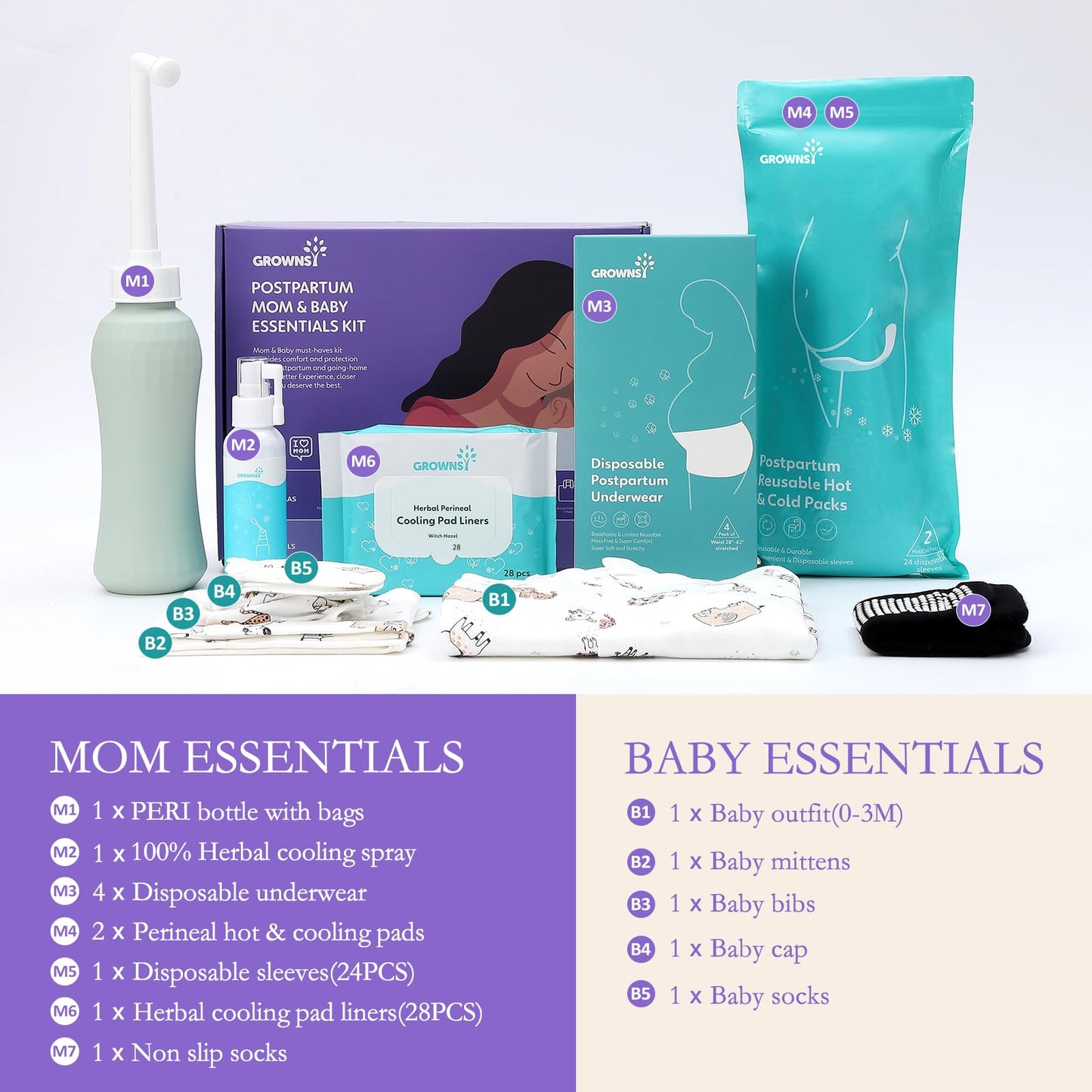 GROWNSY Postpartum Mom & Baby Essential Kits | Recovery & Hospital Essentials