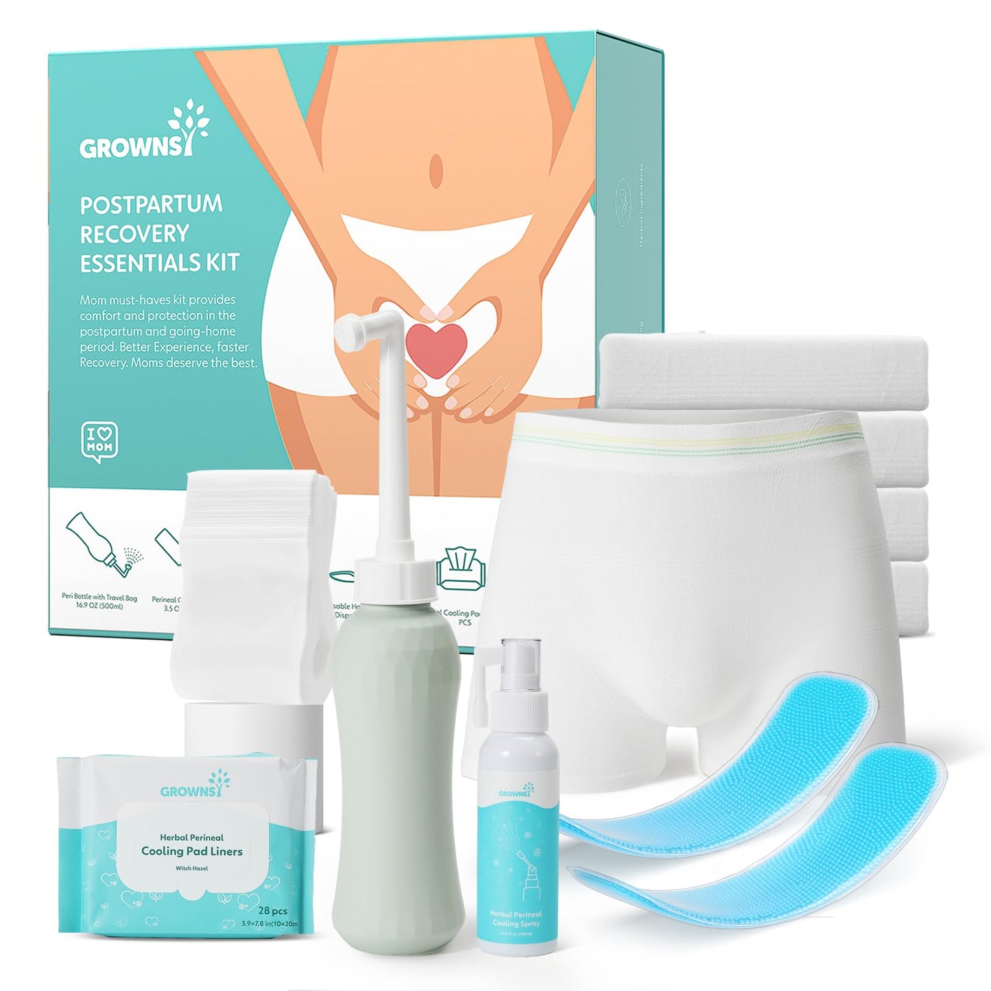 GROWNSY Postpartum Essentials Recovery Kit for Labor & Delivery | Peri Bottle, Perineal Spray & More