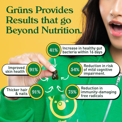 Grüns Adults Super Greens Multivitamin Gummies – 60+ Nutrients, 6g Fiber, 28 Pack