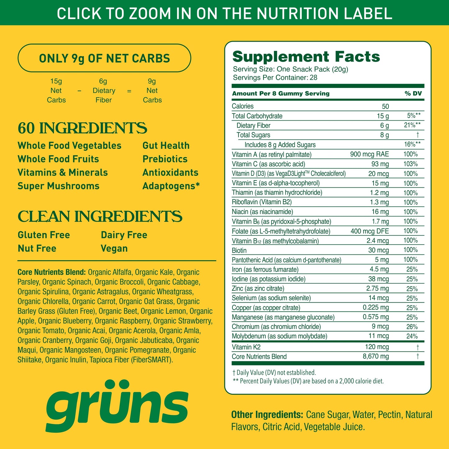 Grüns Adults Super Greens Multivitamin Gummies – 60+ Nutrients, 6g Fiber, 28 Pack