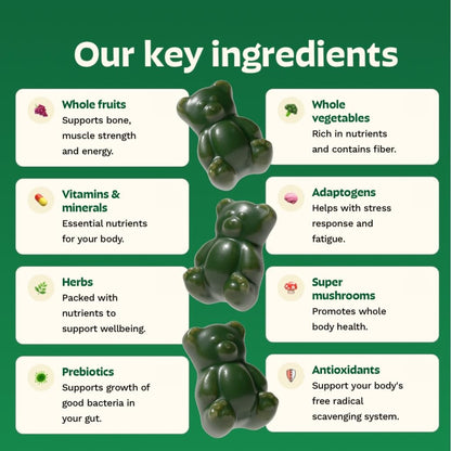Grüns Adults Super Greens Multivitamin Gummies – 60+ Nutrients, 6g Fiber, 28 Pack