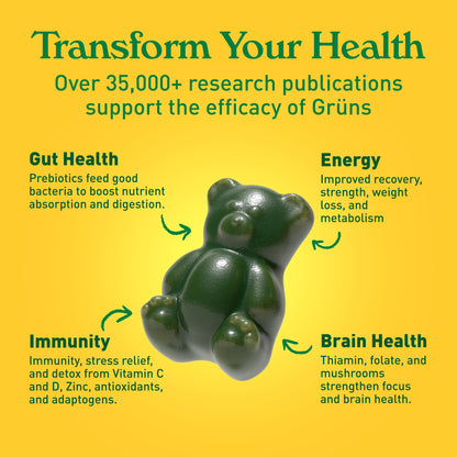 Grüns Adults Super Greens Multivitamin Gummies – 60+ Nutrients, 6g Fiber, 28 Pack