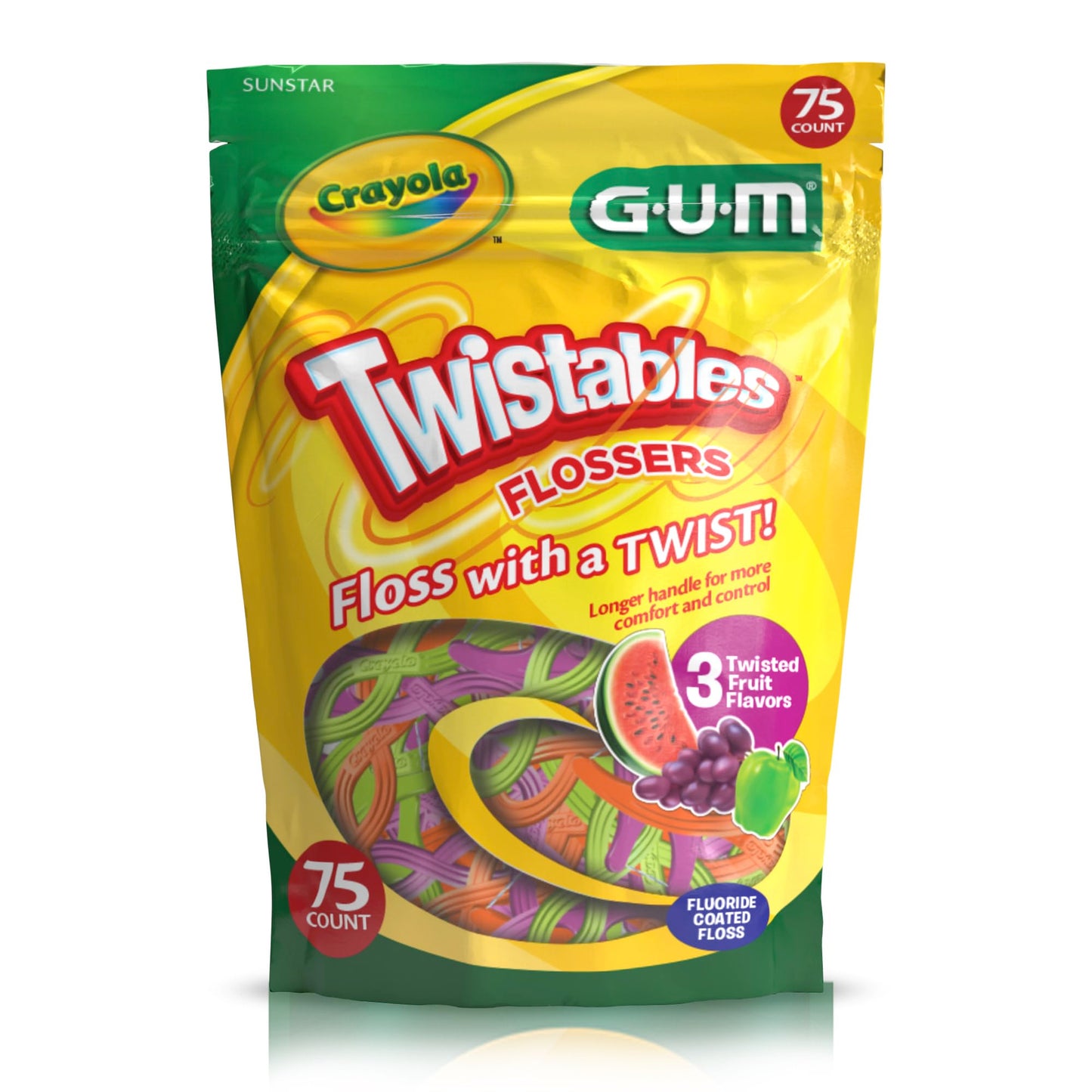 GUM Crayola Twistables Kids Flossers with Fluoride - 75 Count, 3 Flavors, Ages 3+