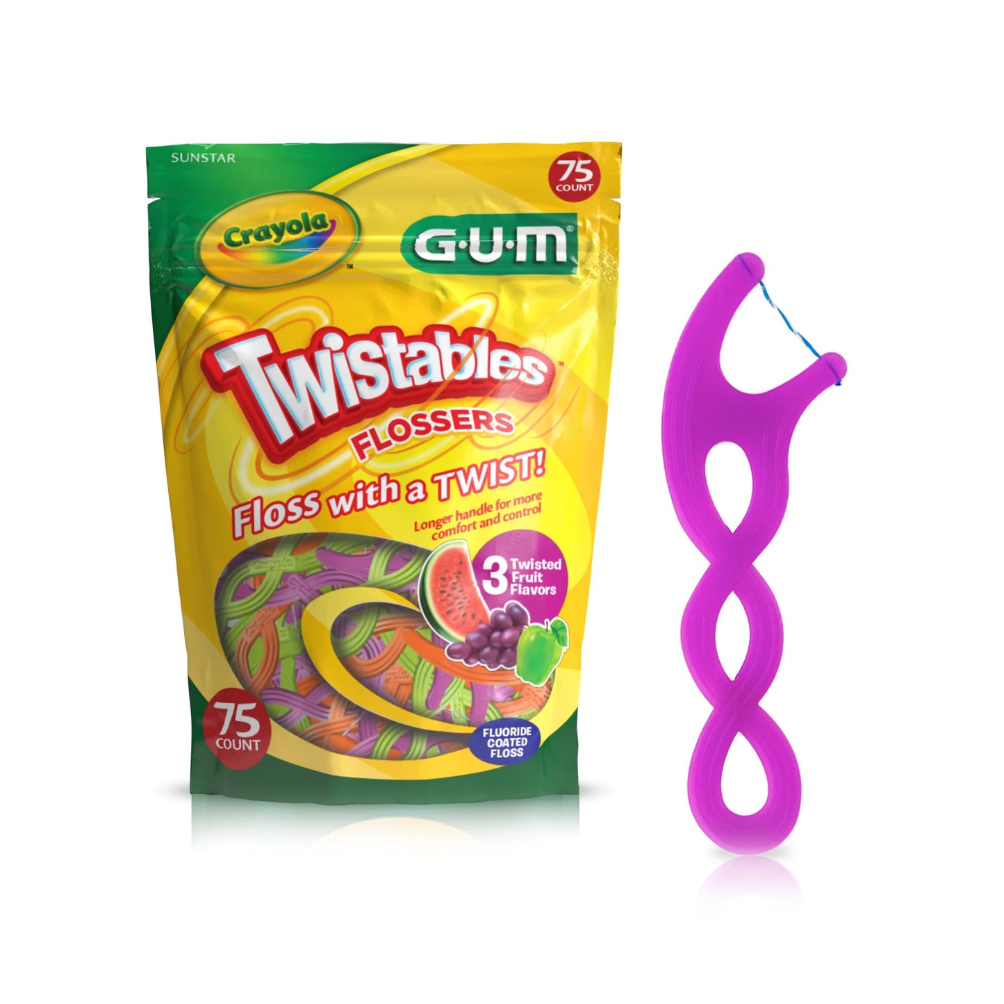 GUM Crayola Twistables Kids Flossers with Fluoride - 75 Count, 3 Flavors, Ages 3+