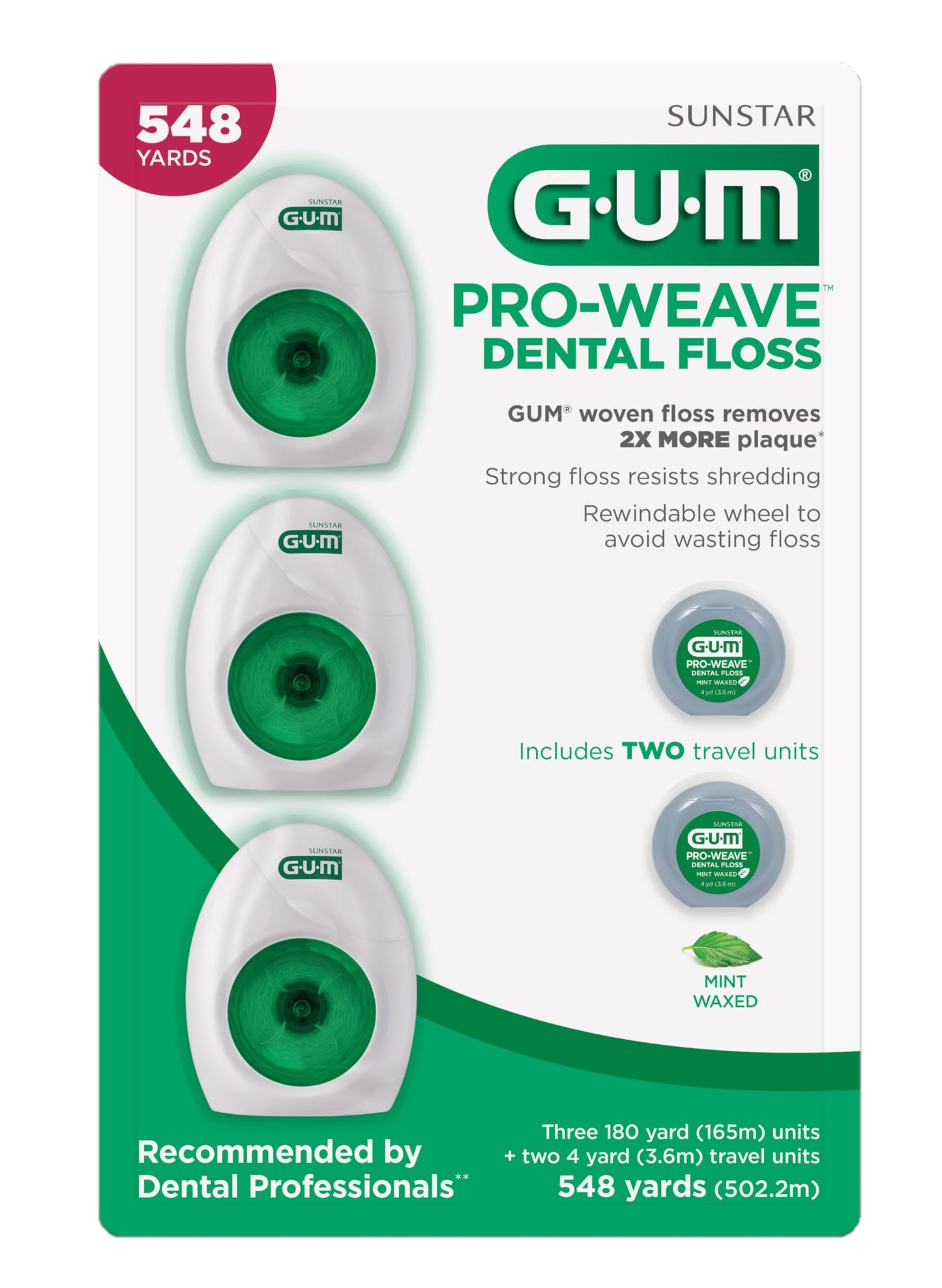 GUM Pro-Weave Woven Dental Floss – Mint Waxed, 3 Count + 2 Travel Units