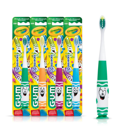 GUM Crayola Pip-Squeaks Kids' Manual Toothbrushes – Extra Soft Bristles, 3-5 Years, Suction Cup Base (Pack of 4)
