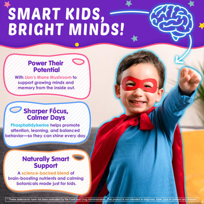 Kids Brain Gummies with Lion's Mane – Focus, Memory & Vision (60 Count)