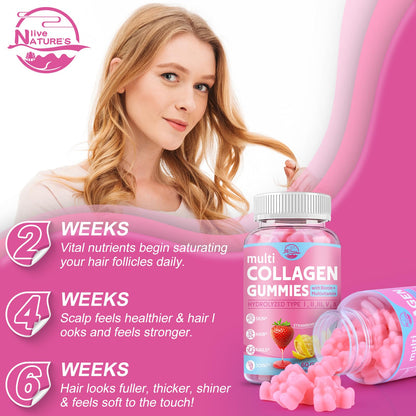 Multi Collagen Peptides Gummies Type I-V, X with Biotin & Hyaluronic Acid – Supports Skin, Hair & Nails | 60 Count, 1 Pack