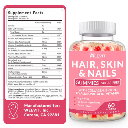 Hair Skin & Nails Gummies – Biotin, Collagen & Hyaluronic Acid | Gluten Free & Non-GMO