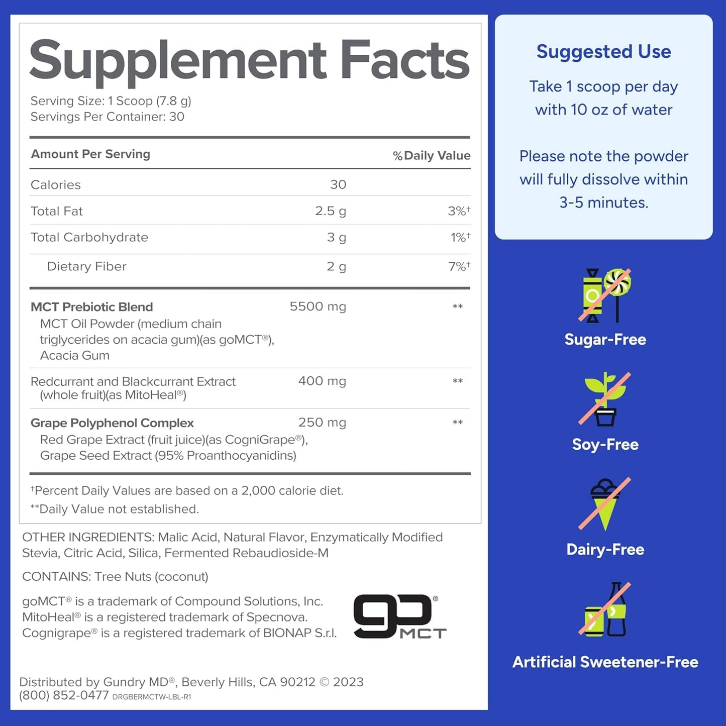 Gundry MD MCT Wellness Powder – Energy, Ketone Support & Brain Health | Keto Friendly, Sugar Free (90 Day Supply) – Blueberry Lemonade