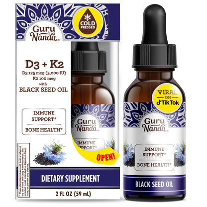 GuruNanda Black Seed Oil – Cold-Pressed Nigella Sativa, Vitamin D3 5000 IU, Vitamin K2 & E | Non-GMO, 2 fl oz