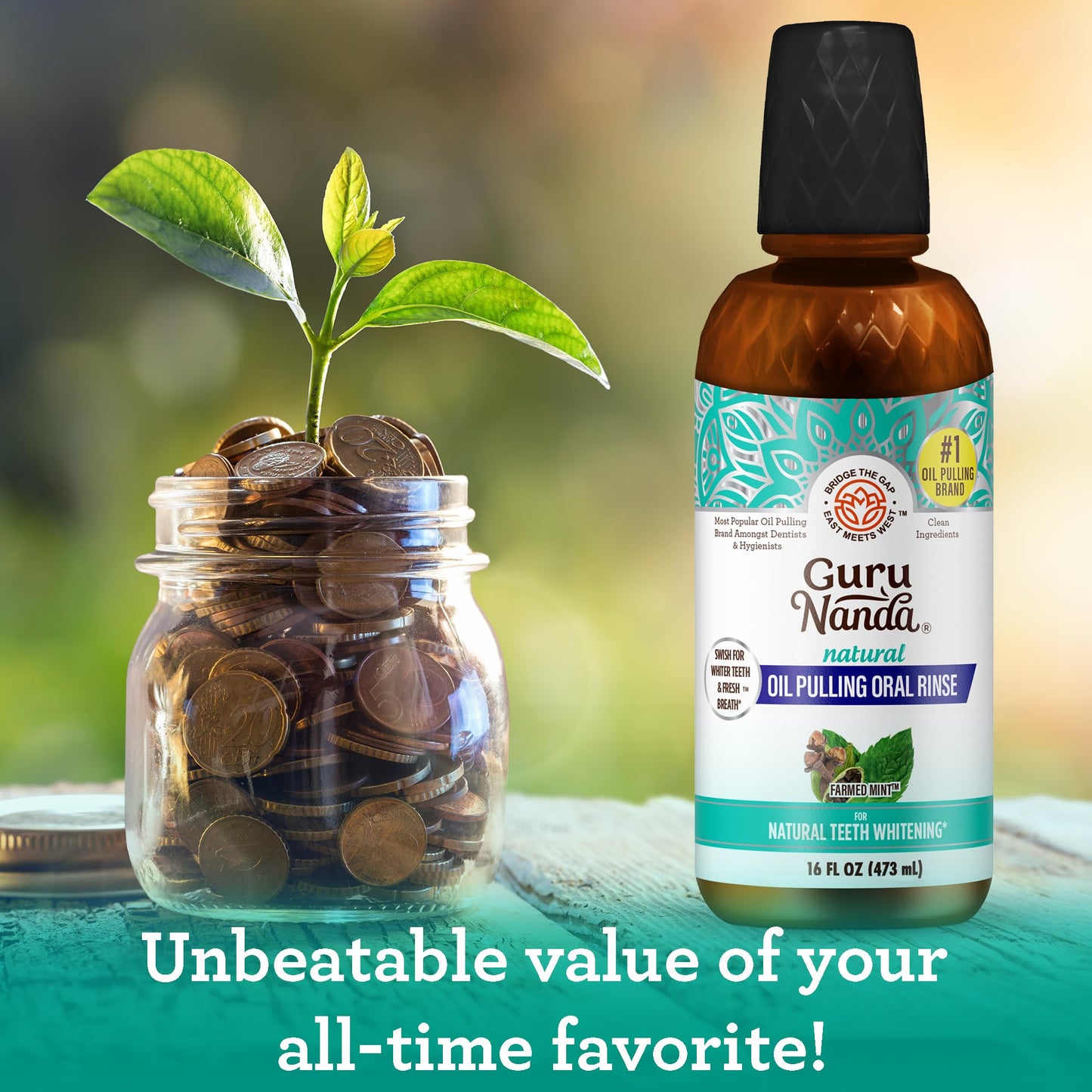 GuruNanda CocoMint Oil Pulling Mouthwash – 16 oz, 7 Essential Oils & Vitamins, Alcohol-Free