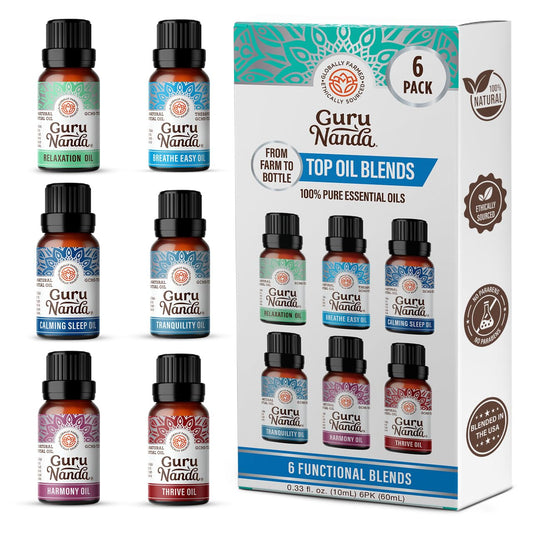 GuruNanda Essential Oil Blends (Set of 6) – 6-Pack Aromatherapy Oils for Diffusers