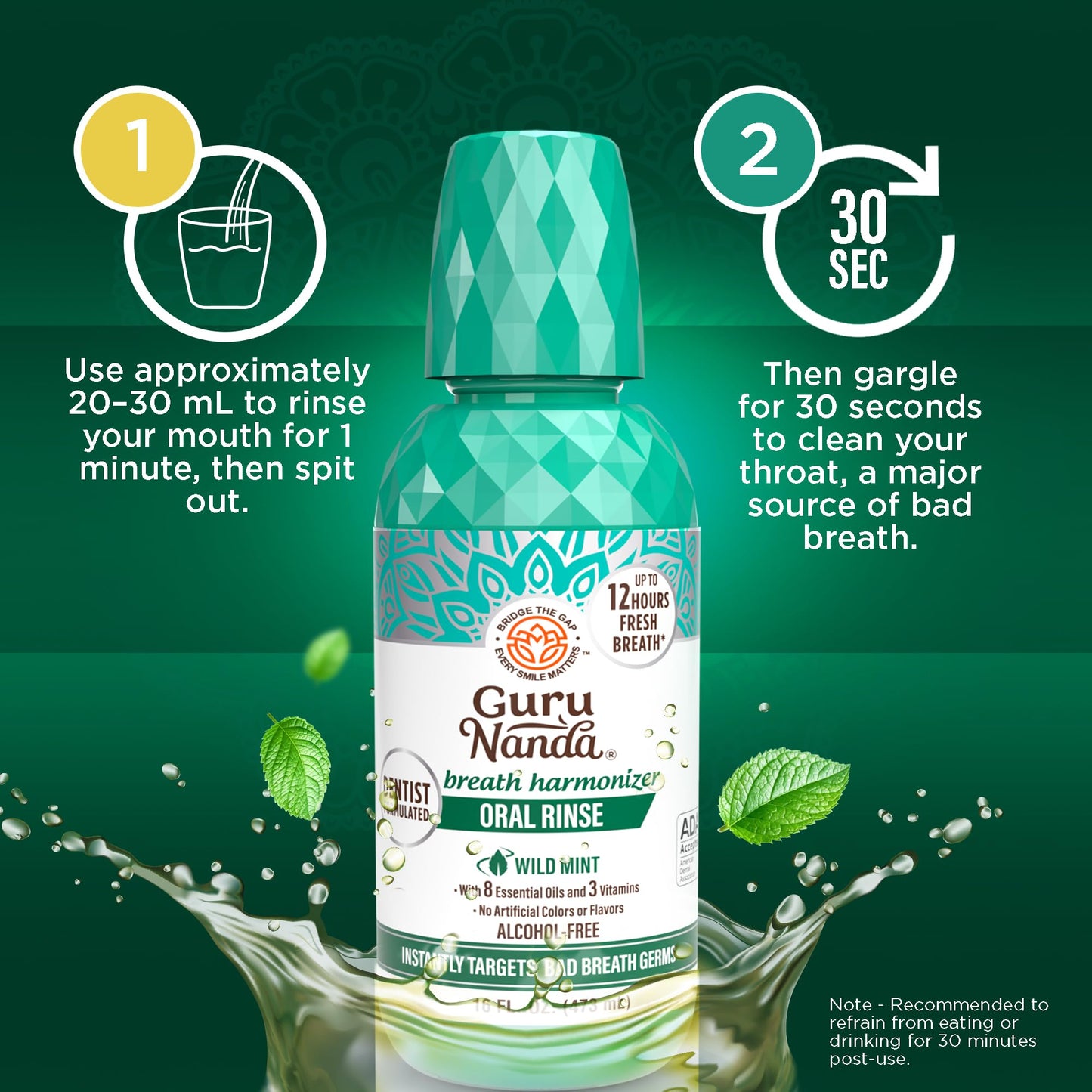 GuruNanda Fresh Breath Mouthwash - ADA-Approved, Alcohol & Fluoride-Free, Wild Mint 32 oz (2-Pack)
