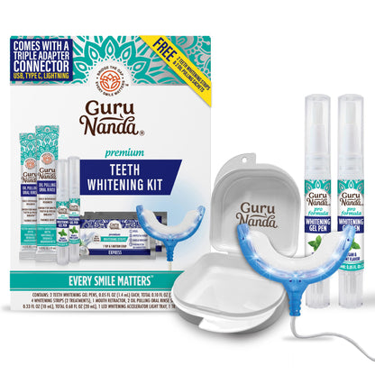 GuruNanda Premium Teeth Whitening Kit with Wired LED Light & Whitening Pen, Works with iPhone & Android