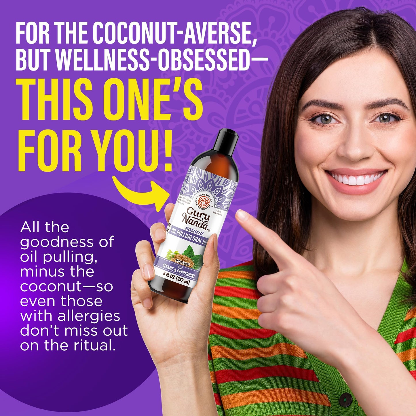 GuruNanda Sesame Mint Oil Pulling Mouthwash - Natural Oral Care, Alcohol-Free, 8 oz
