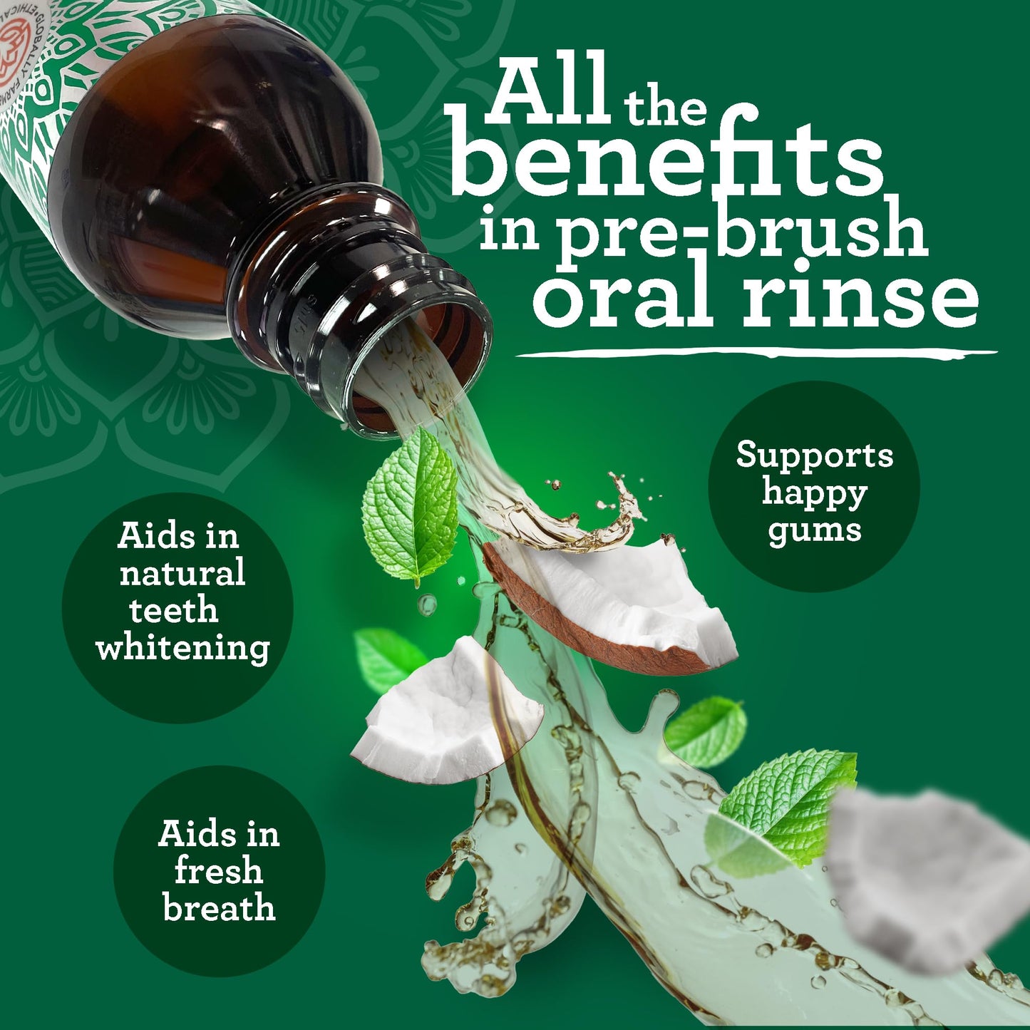 GuruNanda Starter Pulling Oil Mouthwash – Coconut & Peppermint, Alcohol-Free, 8 oz with Toothbrush & Tongue Scraper