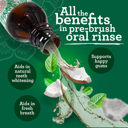 GuruNanda Starter Pulling Oil Mouthwash – Coconut & Peppermint, Alcohol-Free, 8 oz with Toothbrush & Tongue Scraper
