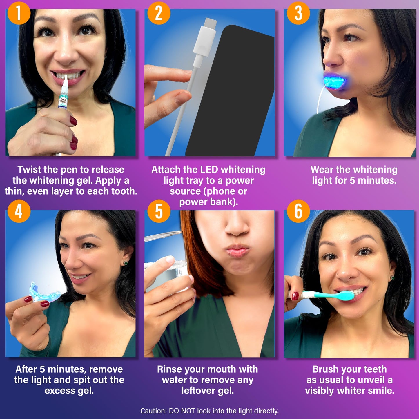 GuruNanda Premium Teeth Whitening Kit with Wired LED Light & Whitening Pen, Works with iPhone & Android