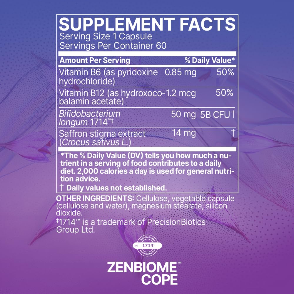 Microbiome Labs Zenbiome COPE – Probiotic Mood Support with 1714 Probiotic, B6, B12 & Saffron