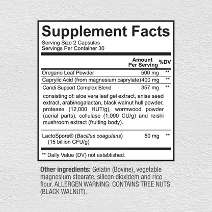 Premium Candida Cleanse Supplement – Oregano, Caprylic Acid, Black Walnut & Probiotics | 60 Candi Support Capsules