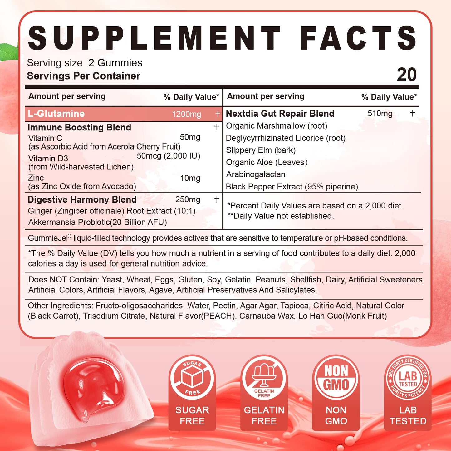 L-Glutamine 1200mg Gut & Immune Support Gummies – Sugar-Free, Vegan, 60 Count
