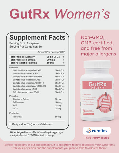 GutRx Women's Probiotic – 28B CFU with Cranberry & D-Mannose | Vegan