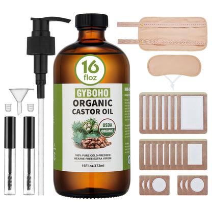 GYBOHO Castor Oil Pack Wrap + 16oz Organic Castor Oil with Patches - USDA Organic