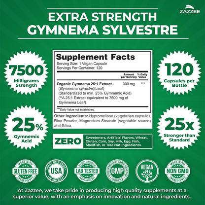Zazzee Organic Gymnema Sylvestre 25:1 Extract – 7500 mg per Serving, 25% Gymnemic Acid, 120 Vegan Capsules